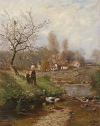 Frühlingslandschaft mit zwei Kindern und Gänsen